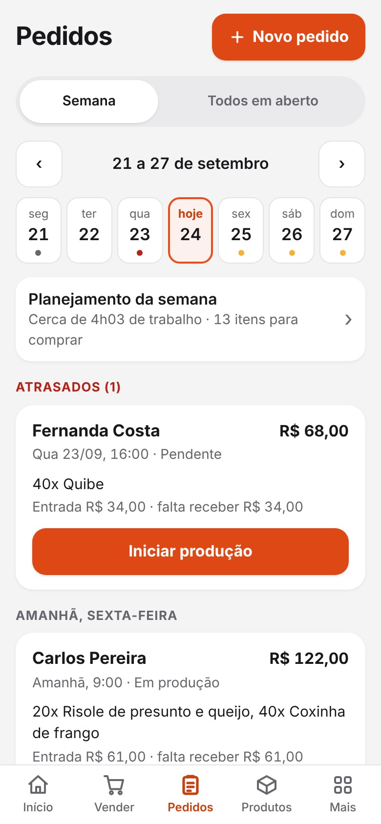 Tela Pedidos com a semana de 21 a 27 de setembro, um pedido atrasado e o planejamento da semana